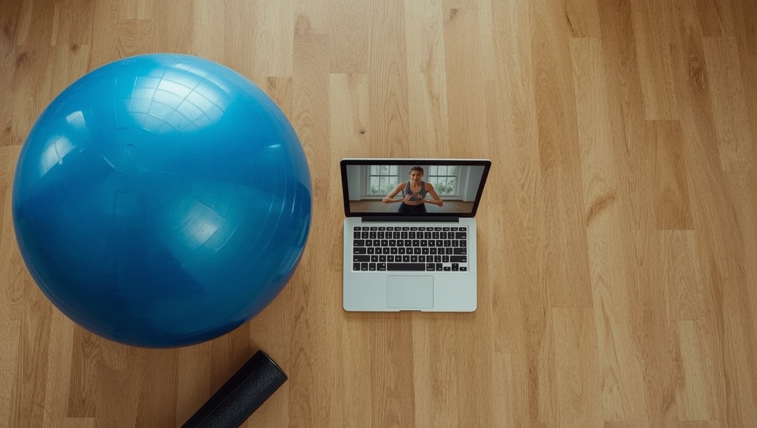 Heimtraining mit Gymnastikball und Online-Fitnesskursen